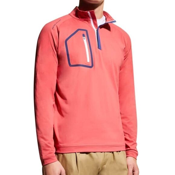 Peter Millar Men's Medium Forge Performance 1/4-Zip Pullover coral and navy - Picture 1 of 10